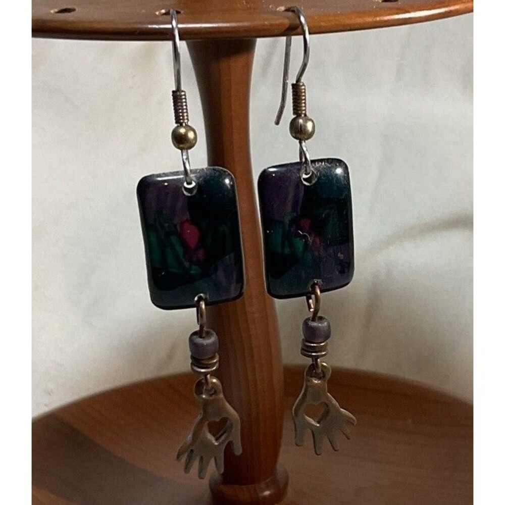 Blue Iridescent Glass Dangle Earrings With Small Hand With Heart